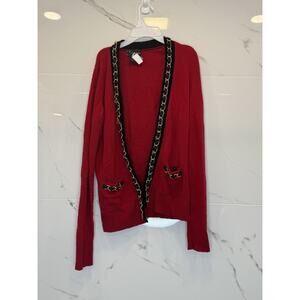 C by Bloomingdales Cardigan Red Cashmere Wool Gold Chain Old Money Size S